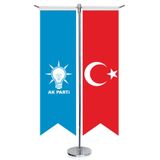 Mavi AkParti (AKP) Bayrağı ve Türkiye - Kırlangıç - Saten T direk 2li Masa Bayrağı