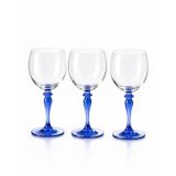 Mavi Ayaklı Kristal Şarap Kadehi, El Üfleme Cam, Şeffaf Gövde, 18 cm Yükseklik, 3'lü Set