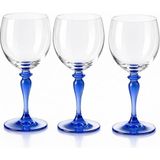 Mavi Ayaklı Kristal Şarap Kadehi, El Üfleme Cam, Şeffaf Gövde, 18 cm Yükseklik, 3'lü Set