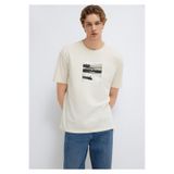 Mavi Baskılı Bej Tişört, Loose Fit Bol Rahat Kesim, Erkek, 2XL