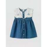 Mavi Bebe Yaka Nakışlı Kız Bebek Jean Elbise