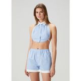 Mavi Beyaz Çizgili Crop Bluz - Mavi - Beyaz - XS