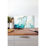 Mavi Beyaz Gold Detay Cam Kesme Tahtası, Silikon Ayaklı, Isıya Kırılmaya Dayanıklı, Sunum Tablası - 30 x 45 cm