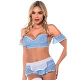 Mavi Beyaz Kareli Kostüm Seti, Off-Shoulder Bustier ve Etekli, Kırmızı Fiyonk Detaylı, Dantel Aksesuarlı
