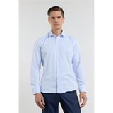 Mavi - Beyaz Kendinden Desenli Sert Yaka Uzun Kol Cepsiz Slim Fit Pamuklu Gömlek 1004255214