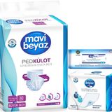 Mavi Beyaz Ped Emici Külot Yetişkin Bezi L 30 Adet + Yatak Koruyucu 30 Adet + Temizleme Havlusu 1 Pk