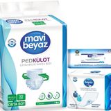 Mavi Beyaz Ped Emici Külot Yetişkin Bezi M 30 Adet + Yatak Koruyucu 30 Adet + Temizleme Havlusu 1 Pk