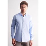 Mavi - Beyaz Sert Yaka Çizgili Desen Uzun Kol Slim Fit Esnek Gömlek 1004255176