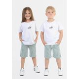 Mavi Boncukk Unisex Çocuk Beyaz Logo Baskılı Tişört ve Yeşil Çizgili Şort Yazlık Ikili Takım - 13 Yaş - Bej