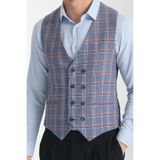 Mavi-Bordo Ekose Desenli V Yaka Kruvaze Yelek Slim Fit Mavi 56