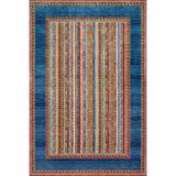 Mavi Çerçeveli Modern Geometrik Etnik Eskitme Desenli Boho Makinada Yıkanabilir Hafif Hav Toz Vermez Leke Tutmaz Kaymaz Taban Dijital Makine Baskı Halı Oturma Odası Salon Yolluk Koridor Mutfak Halısı