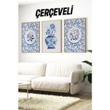 🌿mavi Çiçek Desenli Allah ve Muhammed Yazılı 3’lü Çerçeveli Tablo Seti 🖼️🌿 🌿 CRV1186 32 x 42 - Renkli