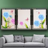 Mavi Çiçekler ve Kırmızı Kelebekler Temalı Aynalı Çerçeveli 3 lü Kanvas Tablo Seti 150x70 cm SETS0264