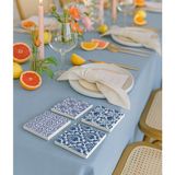 Mavi Çini Porselen Desenli Doğal Taş Bardak Altlığı 4’lü Set, Sunumluk Masa Dekoru - 10 x 10 cm