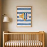 Mavi Çizgili Balık Çocuk Odası Duvar Posteri Çerçeveli Tablo Duvar Dekorasyonu - 21 x 30 - Ahşap Çerçeveli