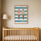 Mavi Çizgili Dondurmalar Çocuk Odası Duvar Posteri Çerçeveli Tablo Duvar Dekorasyonu - 30 x 40 - Ahşap Çerçeveli