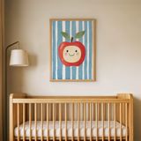 Mavi Çizgili Elma Çocuk Odası Duvar Posteri Çerçeveli Tablo Duvar Dekorasyonu - 30 x 40 - Ahşap Çerçeveli