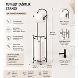 Mavi Concept Tuvalet Kağıtlık Standı, Metal, Siyah, Modern Stil, Ayaklı, 61 cm, Yedek Rulo Bölmeli