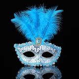 Mavi Dantel Işlemeli Mavi Tüylü Balo Parti Maskesi 17X20 cm - Lisinya - 001-Renkli