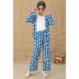 Mavi Desenli Bluzlu Geniş Paça Pantolonlu Kız Çocuk 3lü Takım 20760 - 9 Yaş