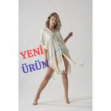 Mavi Düğmeli Pamuklu Yazlık Plaj Elbisesi Standart Beden - Beyaz - Mavi