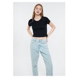 Mavi Düğmeli Siyah Basic Tişört Crop / Kısa Kesim -900 1611639