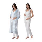 Mavi Ekru Hamile Lohusa Çizgili Sabahlıklı Pijama Takımı 9034, L, S9034EF-19804IGP27192605