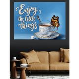 Mavi Fon Çiçek Desenli Kahve Fincanı Ve Kelebek "Enjoy Little Things" Dekoratif Kanvas - Mdf Ahşap Tablo