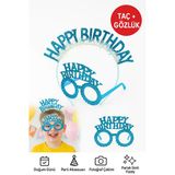 Mavi Happy Birthday Simli Doğum Günü Taç ve Gözlük Seti – Parti Aksesuarı, Fotoğraf Konsepti