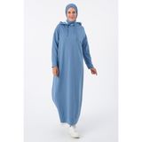 Mavi-Kapüşonlu Örme Elbise - 40