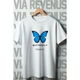 Mavi Kelebek Baskılı Oversize Geniş Kalıp Bisiklet Yaka Beyaz Tshirt