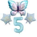 Mavi Kelebekli Happy Birthday 5 Yaş Folyo Balon Set