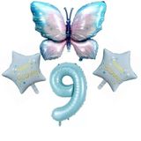 Mavi Kelebekli Happy Birthday 9 Yaş Folyo Balon Set