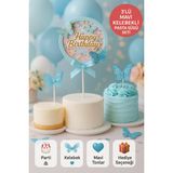Mavi Kelebekli Happy Birthday Pasta Süsü – 3’lü Simli Fiyonklu Zarif Doğum Günü Seti