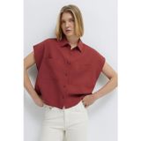 Mavi Keten Karışımlı Cep Detaylı Loose Fit Bayan Gömlek 1211090-91507 KIZIL
