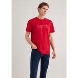 Mavi Kırmızı Logo Baskılı Tişört Erkek Slim Fit Kısa Kol Günlük Stil L Beden