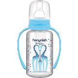 Mavi Kulplu Cam Biberon 125 Ml, Sağlıklı ve Şık Bebek Beslenme Suyu Kabı - Ahşap - Ceviz