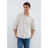Mavi Lacivert Çizgili Keten Karışımlı Gömlek 0211380-86415 - Ekru - 2XL