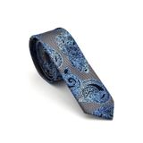 Mavi Lacivert Şal Desenli Gri Dokuma Kumaş Mendilli Slim Fit Kravat // SDK-240115