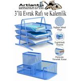 Mavi Metal Evrak Rafı 3 Lü Ve Masaüstü Kalemlik 1 Paket Masaüstü A4 Dosya 3 Katlı Düzenleyici Kağıt Tepsisi Metal