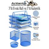 Mavi Metal Evrak Rafı 3 Lü Ve Masaüstü Kalemlik 3 Lü 1 Paket Masaüstü A4 Dosya 3 Katlı Düzenleyici Kağıt Tepsisi