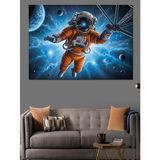 Mavi Neon Işıklı Uzaydaki Astronot Dekoratif Kanvas - Mdf Ahşap Tablo