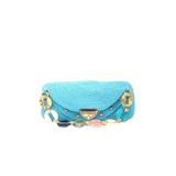 Mavi Örgü Clutch Çanta, Renkli Zincir Detaylı, Altın Rengi Metal Aksesuarlı, Örgü Askı Kayışlı