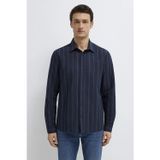 Mavi Pamuk ve Keten Karışımlı Çizgili Regular Fit Uzun Kollu Erkek Gömlek 0211979-91592 LACİVERT-EKRU