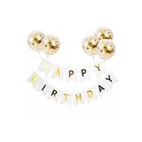MAVİ PARTY Happy Birthday Beyaz Varaklı Banner Yazı Konfetili Şeffaf Balon Seti