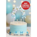 Mavi Ponponlu Pasta Süsü – Fiyonklu ve Yıldız Detaylı Cake Topper | Doğum Günü & Parti Süsü