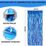 Mavi Renk Ekstra Lize Parlak Saçaklı Arka Fon Perde Ithal 1x2 Metre