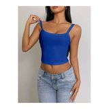 Mavi Renk Kalın Askılı Düz Desensiz Likralı Kaşkorse Fitilli Crop Top Bluz
