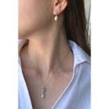 Mavi Renk Taşlı Doğal İnci Sallantı Küpe Kolye İkili Set (Beyaz)