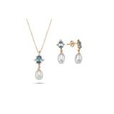 Mavi Renk Taşlı Doğal İnci Sallantı Küpe Kolye İkili Set (Rose)